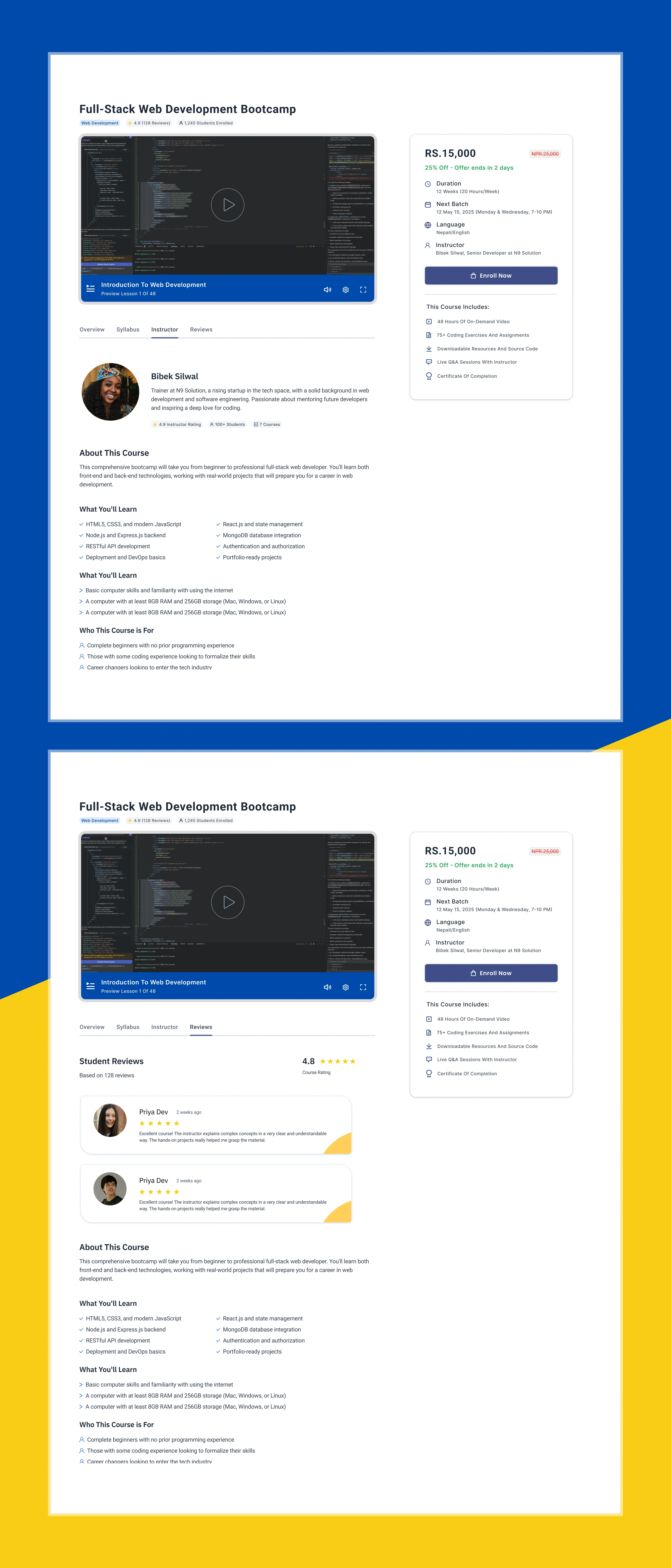Course detail page showing the instructor tab and the student reviews tab