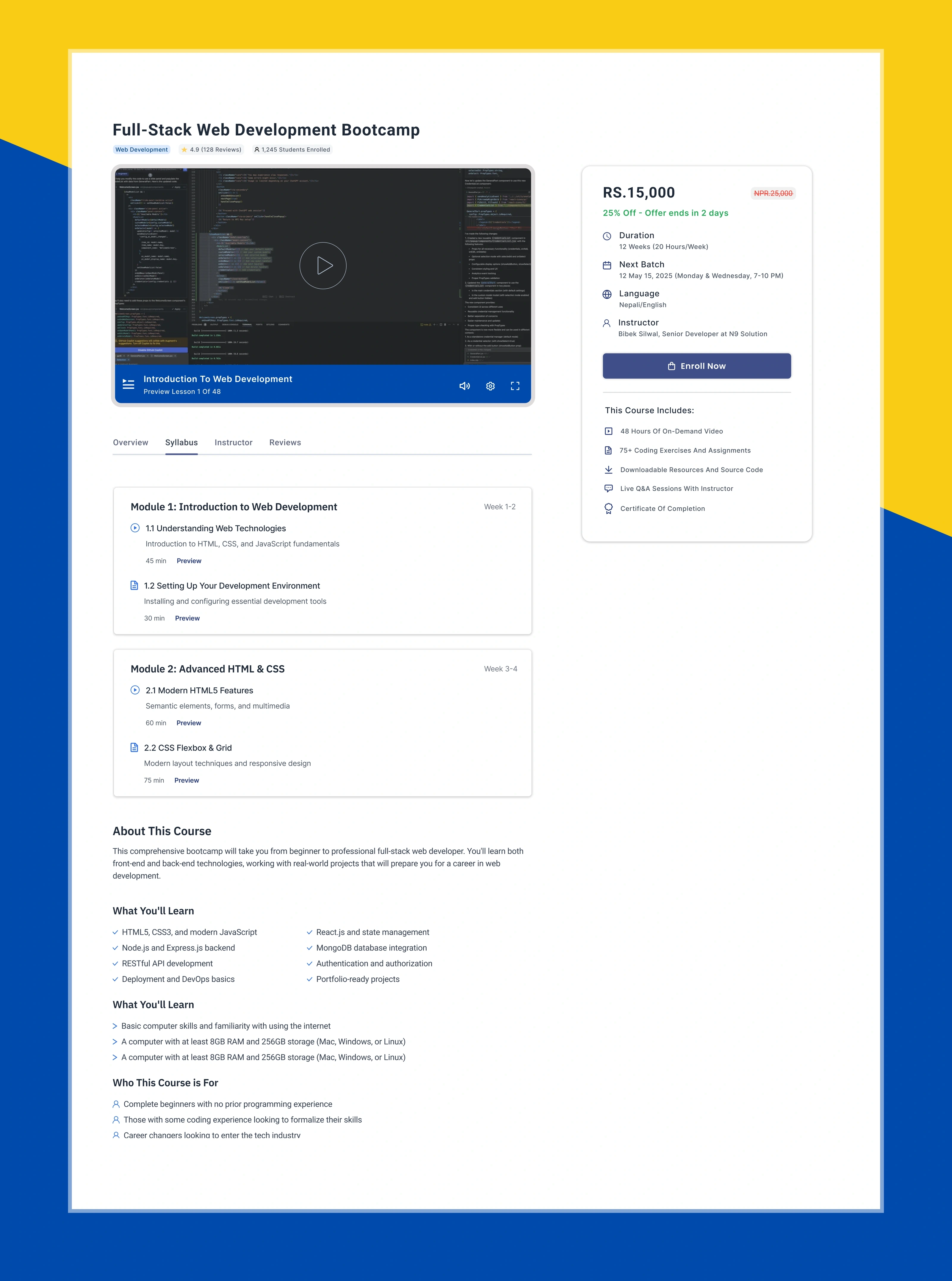 Course detail page showing the syllabus tab with expandable modules