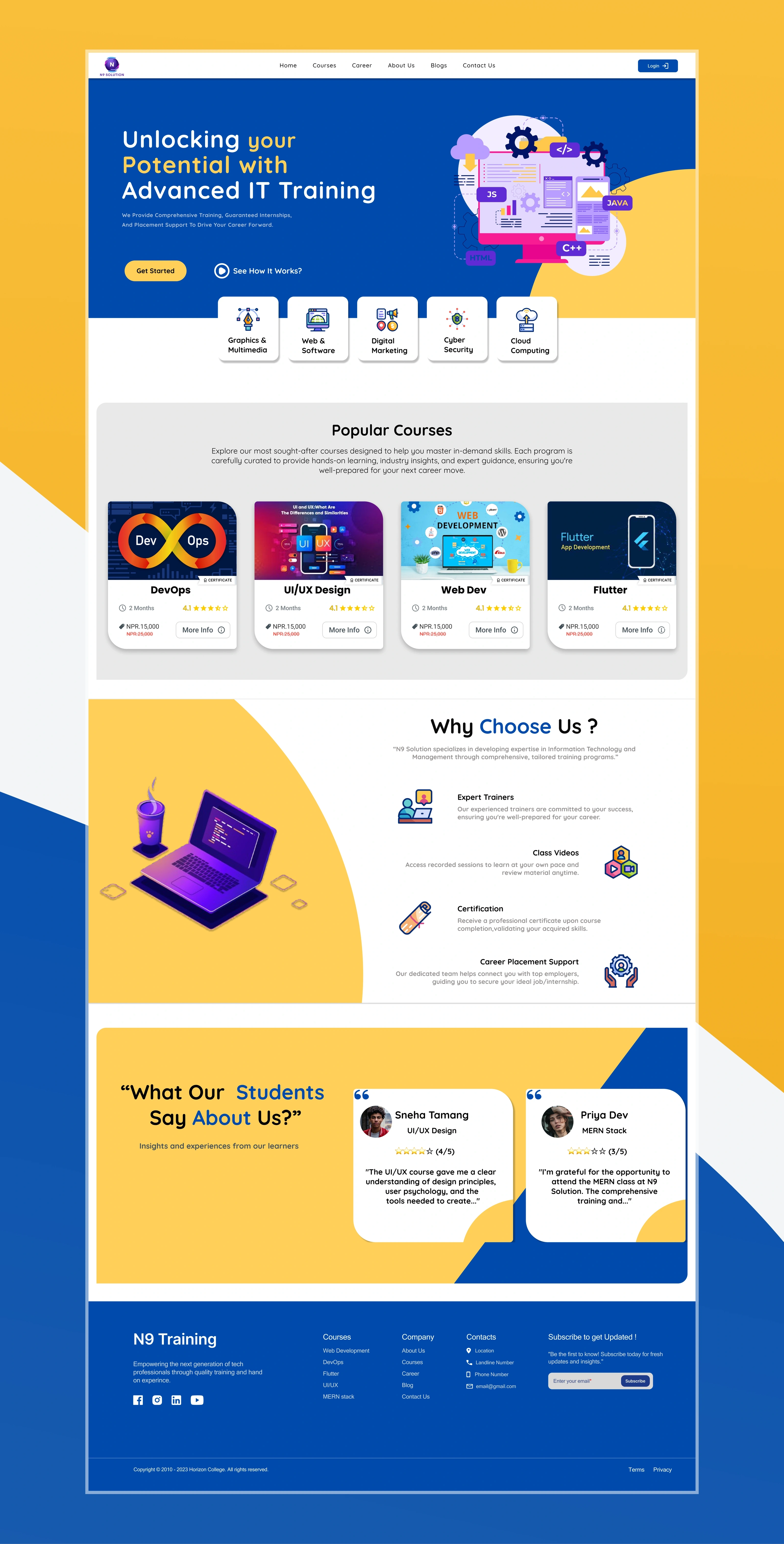 Full training centre landing page layout with popular courses, reasons to choose and testimonials