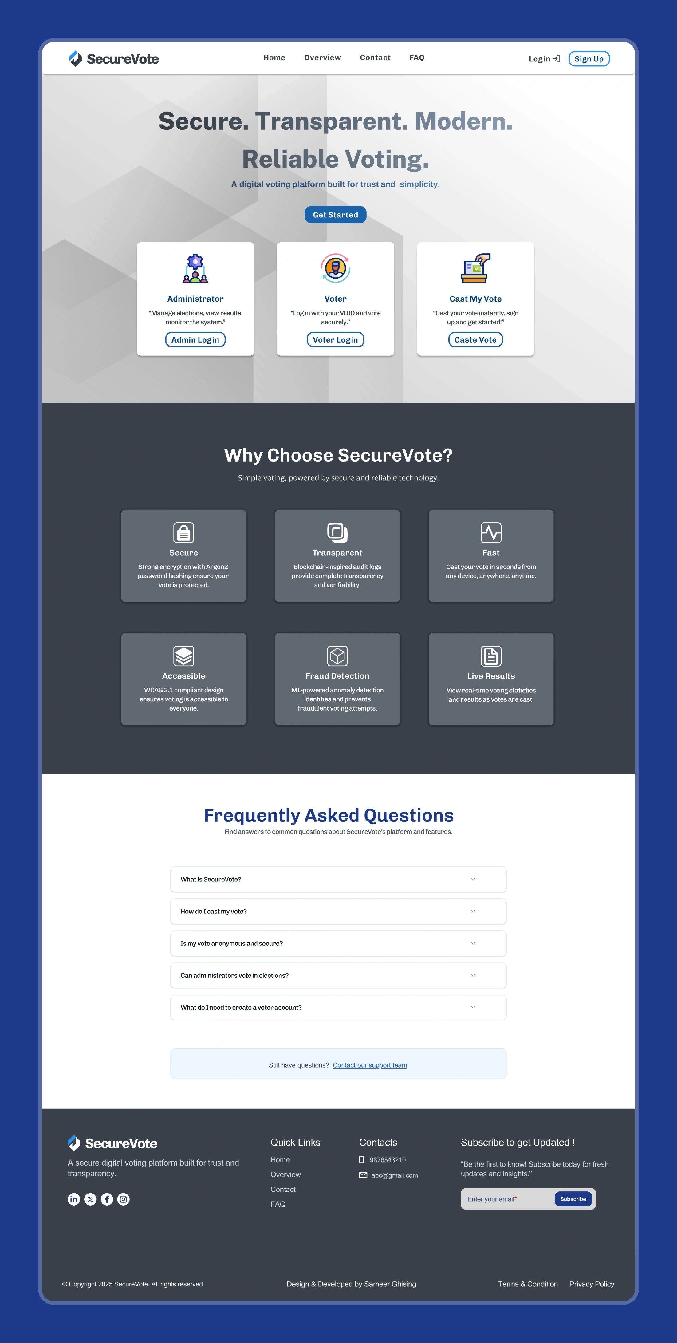 SecureVote landing page with three entry-point cards, a feature section and an FAQ
