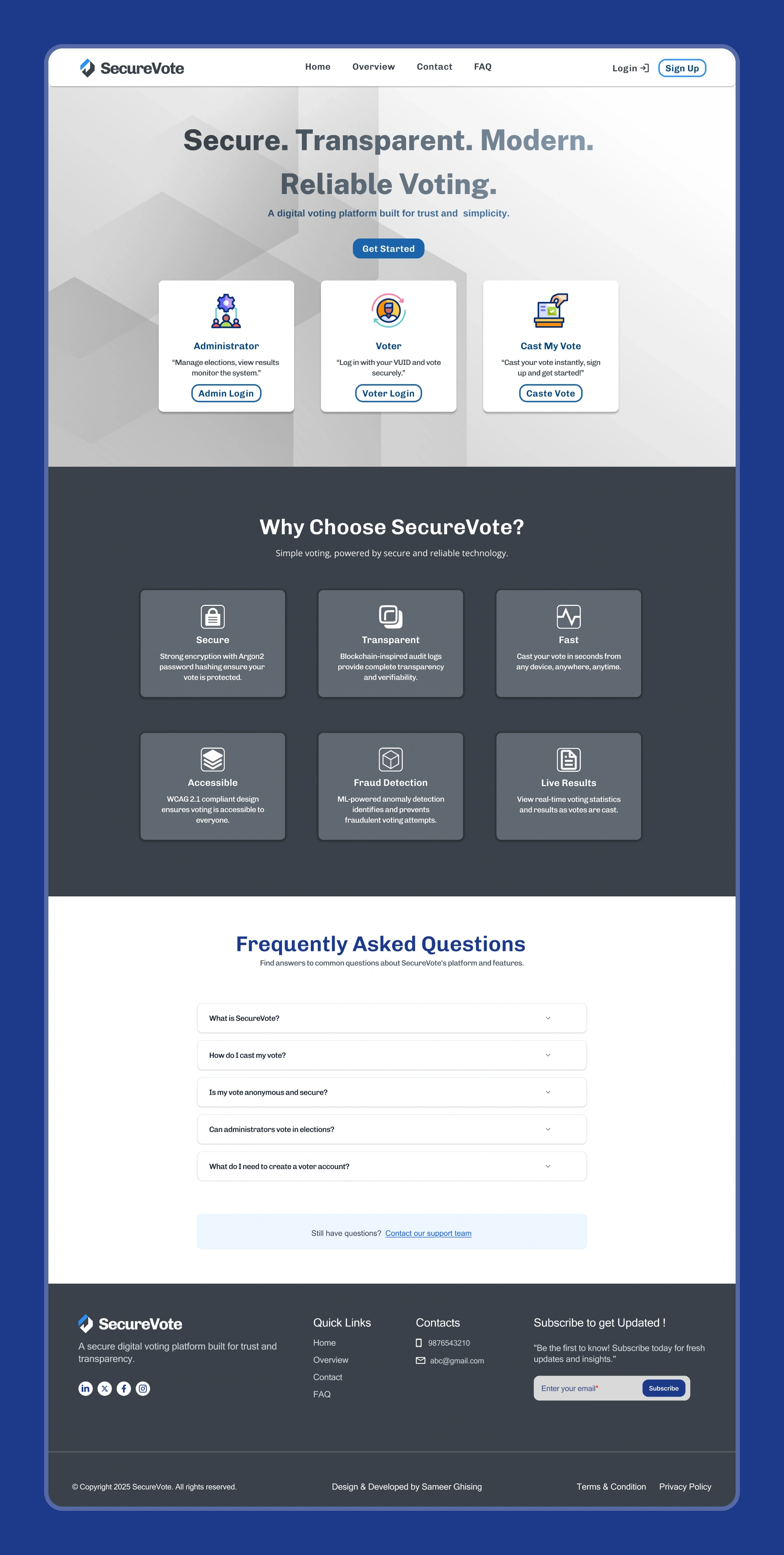 SecureVote landing page with three entry-point cards, a feature section and an FAQ