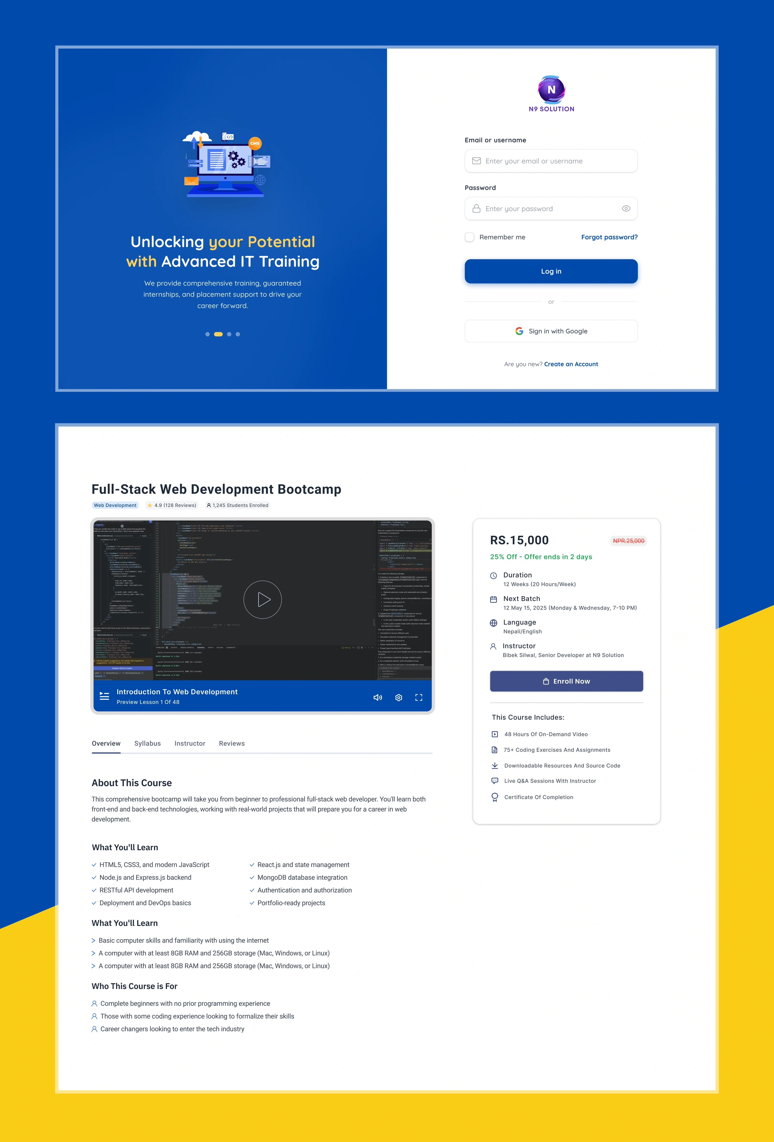 Login screen and the course detail page on its overview tab