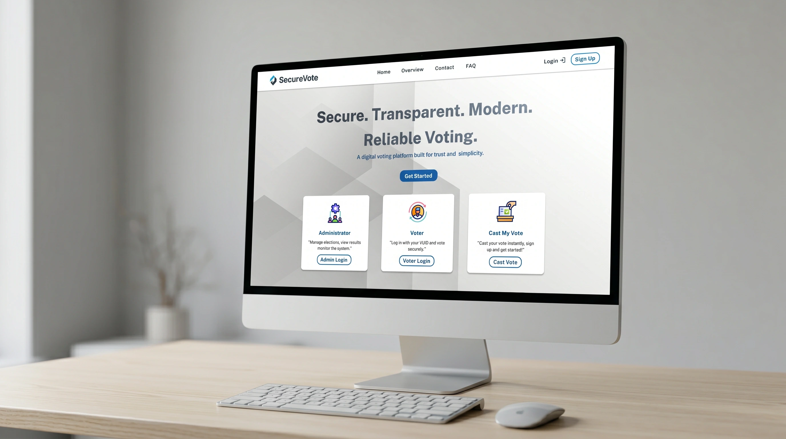 SecureVote landing page shown on a desktop monitor