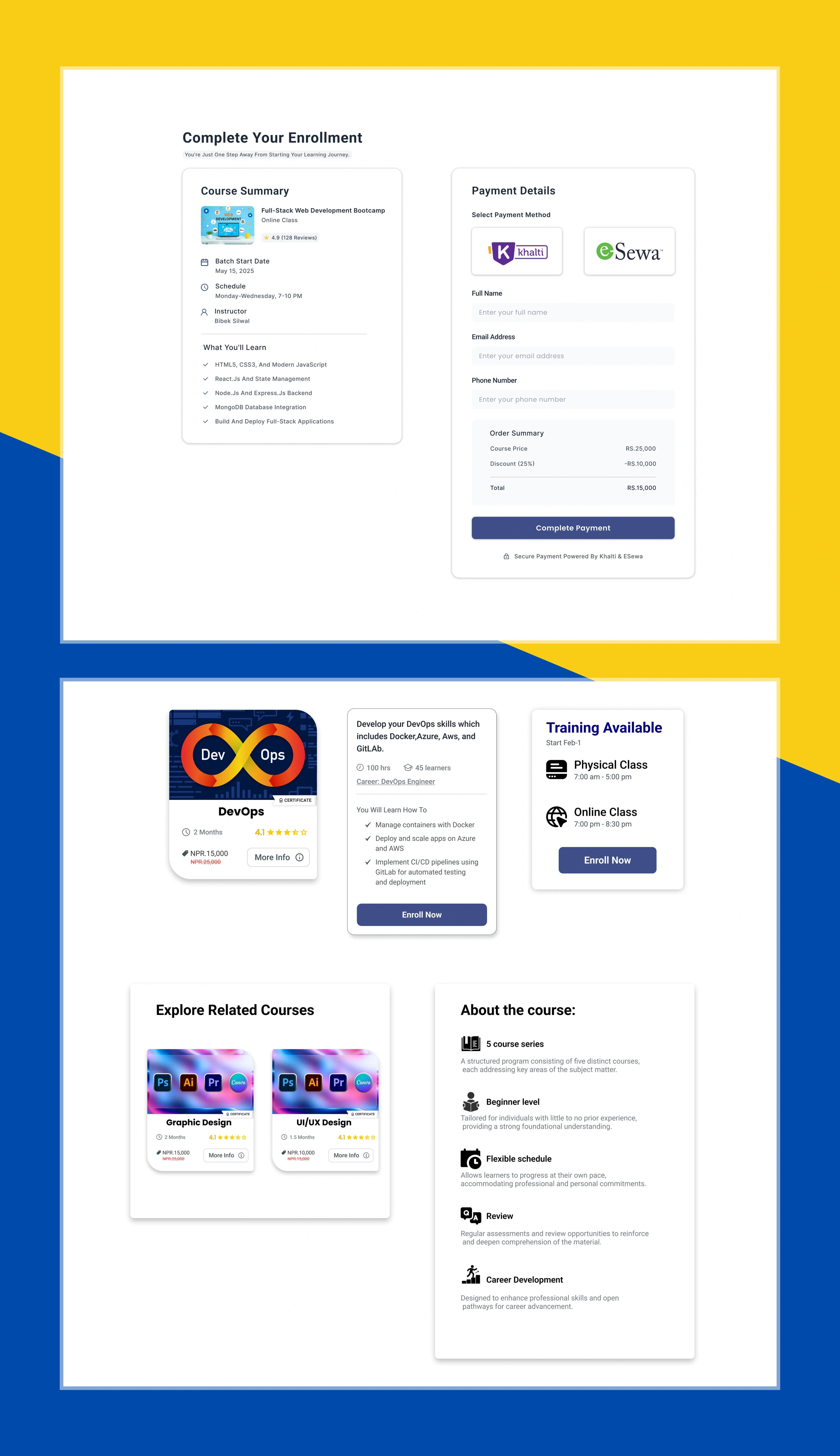 Enrollment and payment page, plus course cards and a related-courses panel