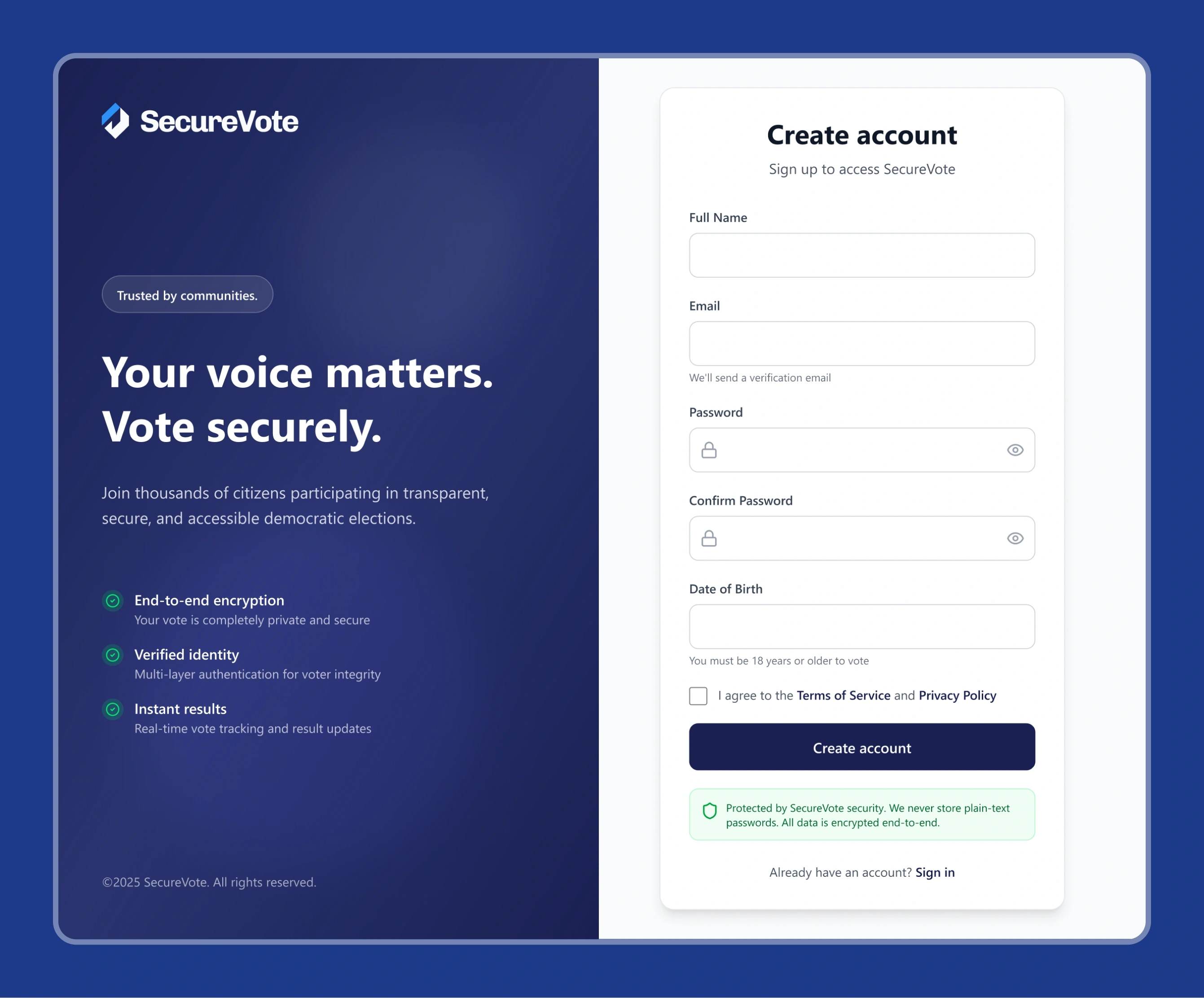 SecureVote sign-up screen